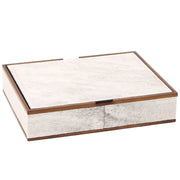 Open small white-grey horsehair box revealing interior edge and texture