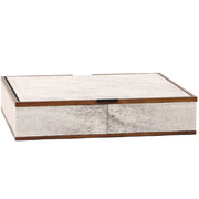 Small white-grey horsehair decorative box with wood trim and black pull tab