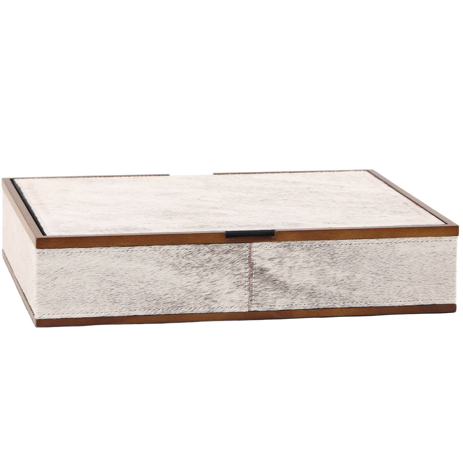 Small white-grey horsehair decorative box with wood trim and black pull tab