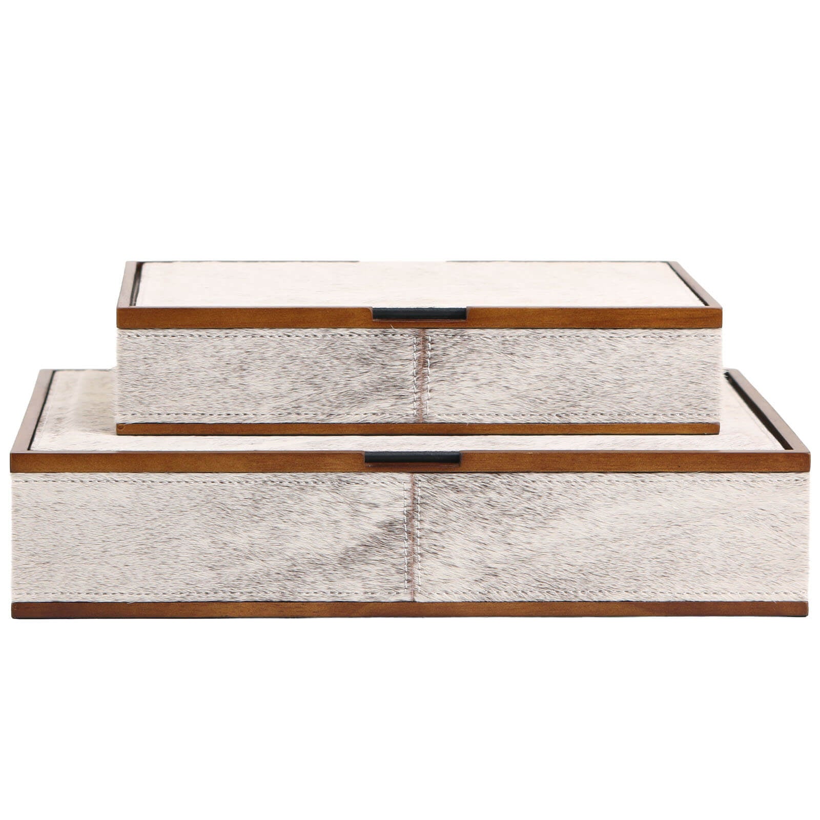 Set of two stacked white-grey horsehair storage boxes with wood frames