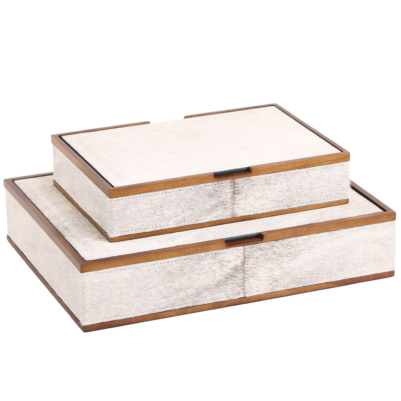 Nested graduated white-grey horsehair square boxes with stitched seams