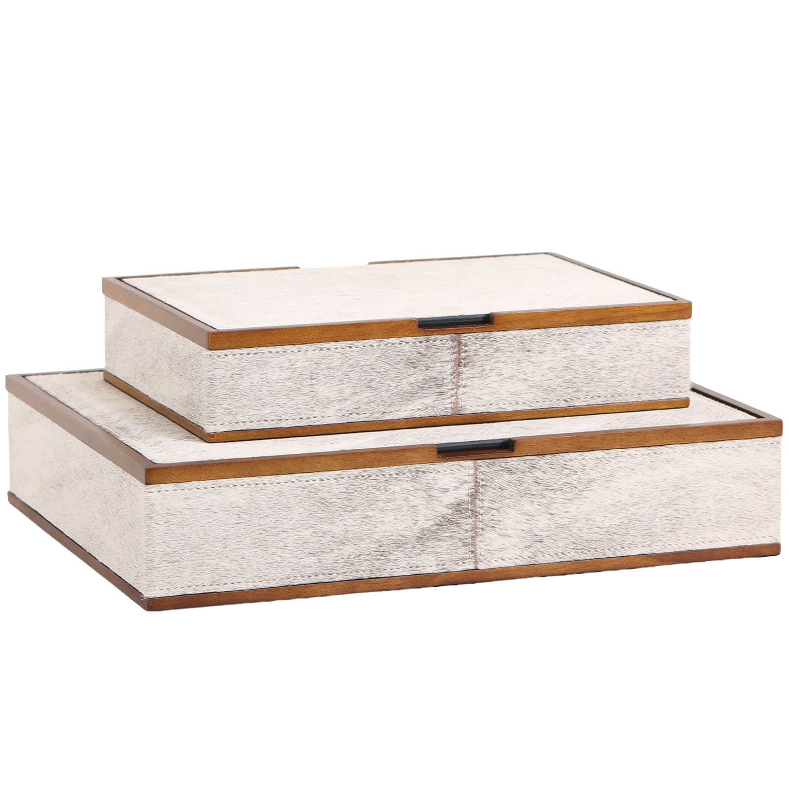 Stacked pair of walnut-framed white-grey horsehair decorative boxes