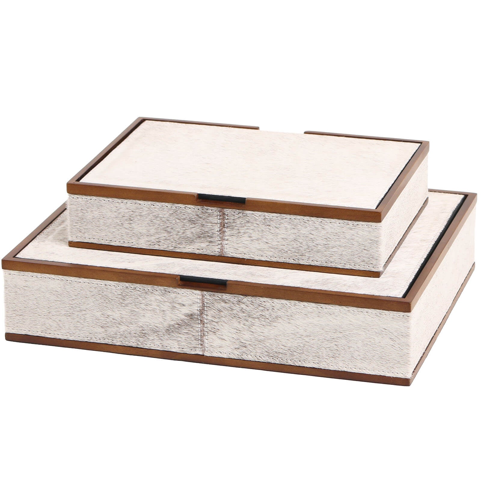 Two-tiered white-grey horsehair storage set with medium-brown wood trim