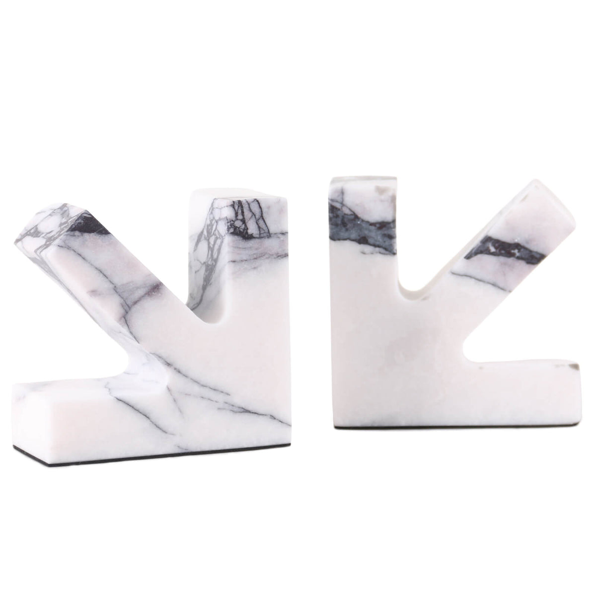 Side Profile View of Geometric Arrow-Shaped Marble Bookends