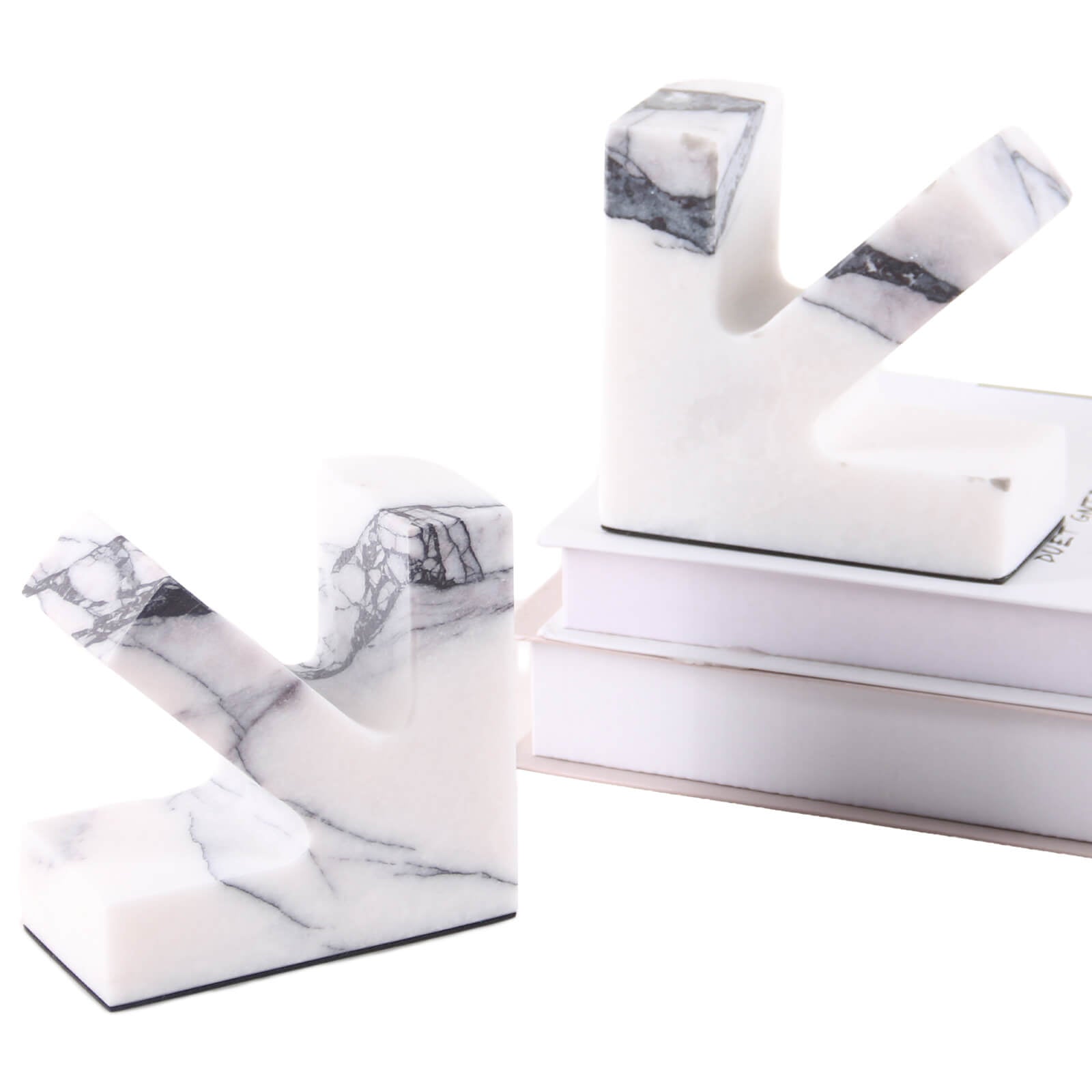 White Snow Plum Marble Bookend Pair with Black Non-Slip Feet