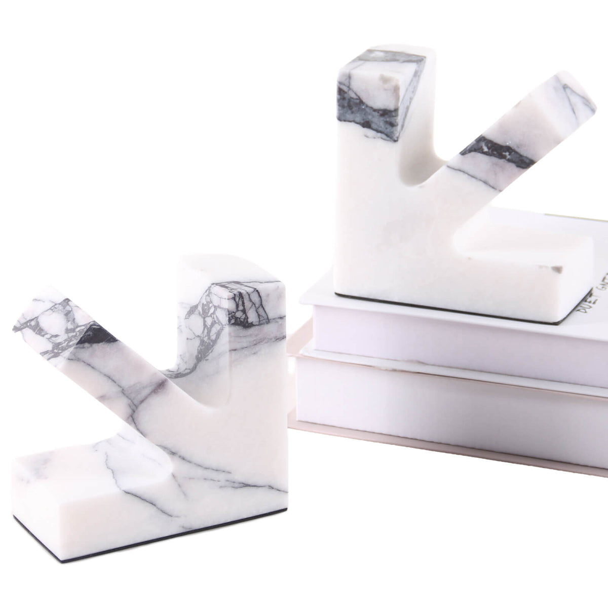 White Snow Plum Marble Bookend Pair with Black Non-Slip Feet