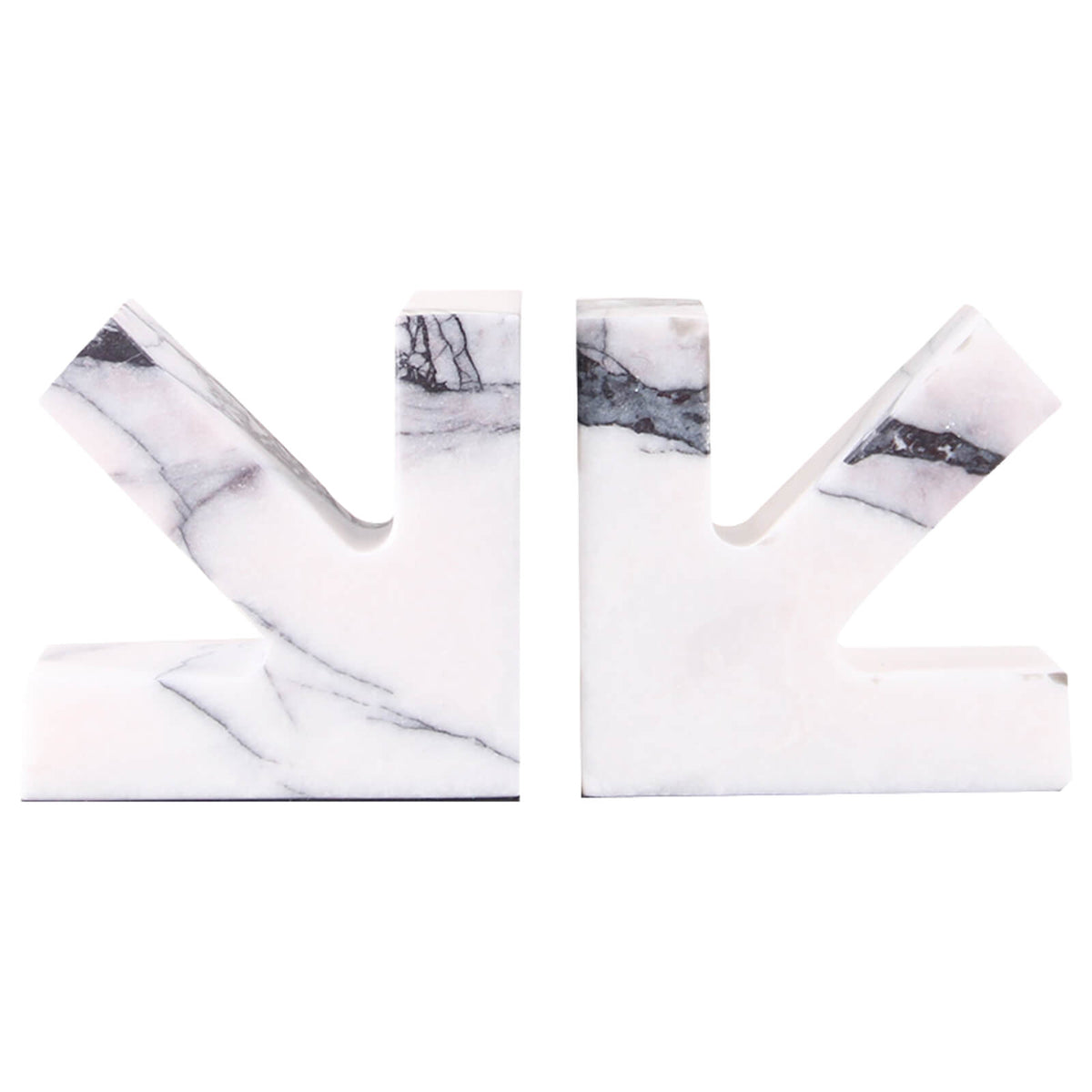 Frontal Shot of Inverted V White Marble Bookends with Dark Veins