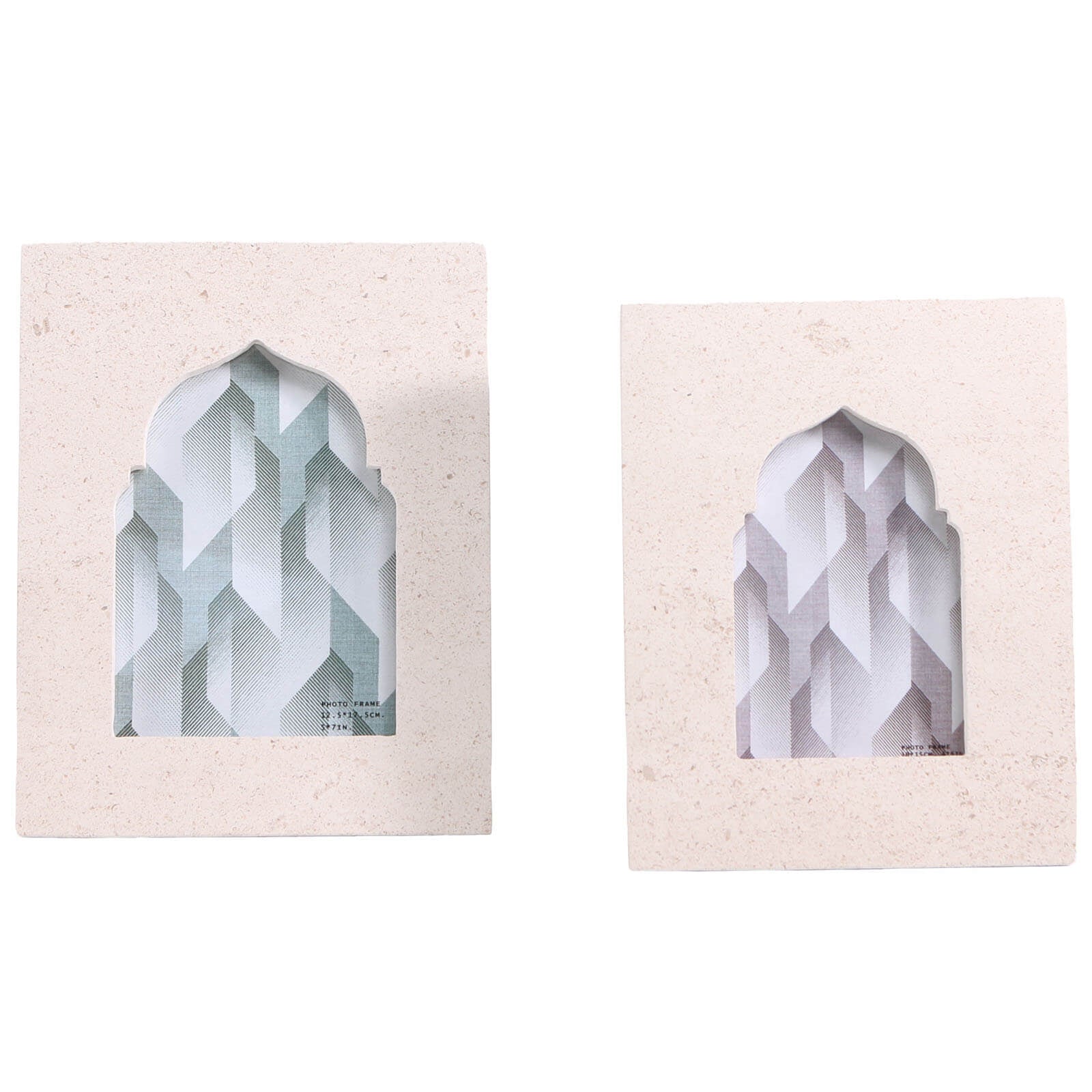 Two sandstone frames showing teal and lavender geometric inserts