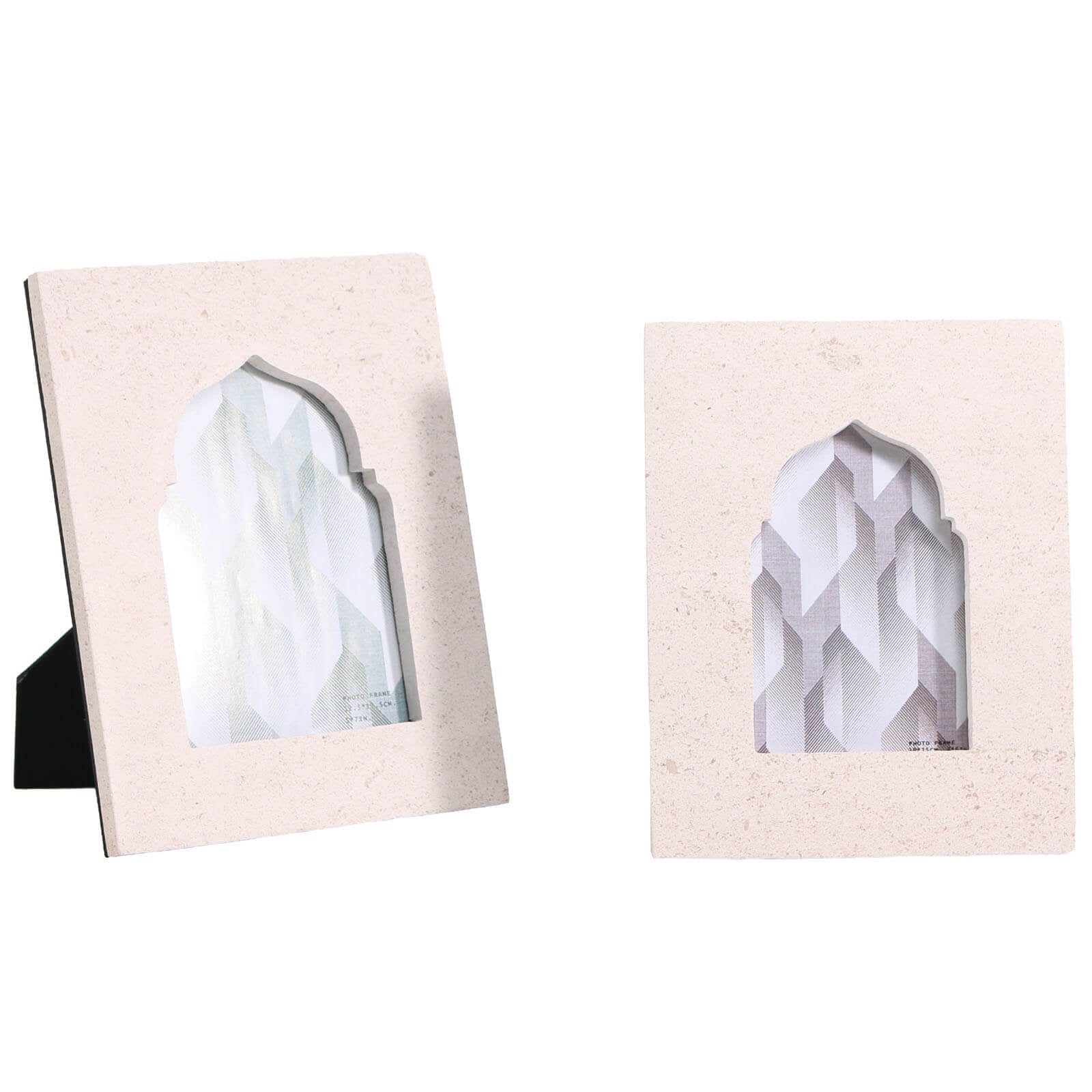 Natural stone photo frame on easel with lavender-gray pattern