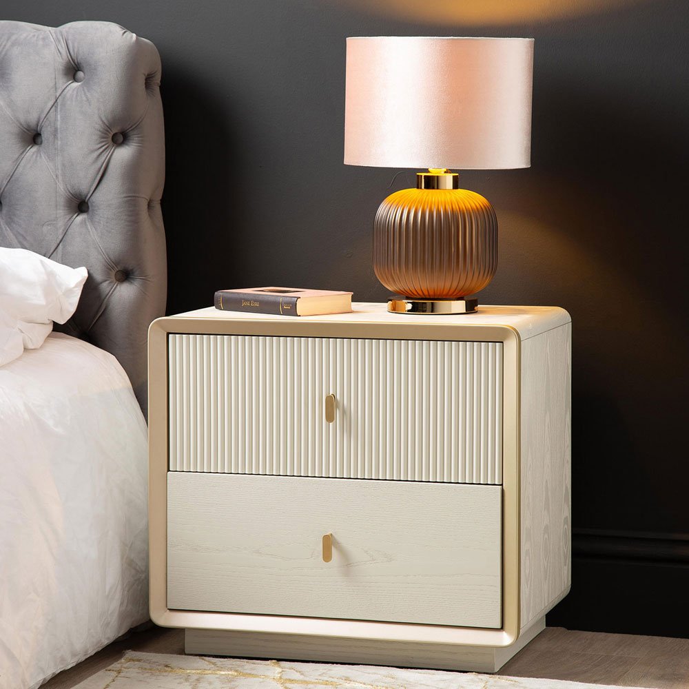 Femelle Cream Elm 2 Drawer Bedside Cabinet with Soft Gold Trim Bedside Table
