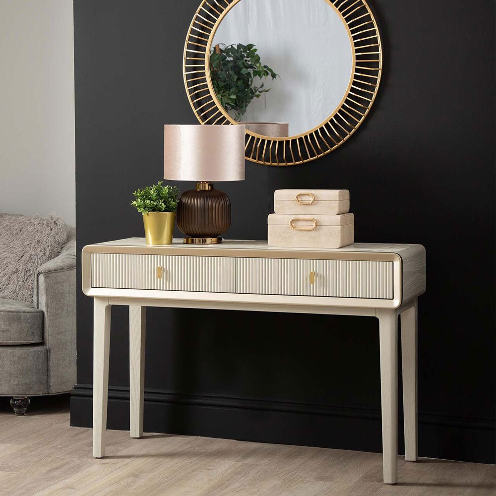 Femelle Cream Elm 2 Drawer Console Dressing Table with Soft Gold Trim Console Table