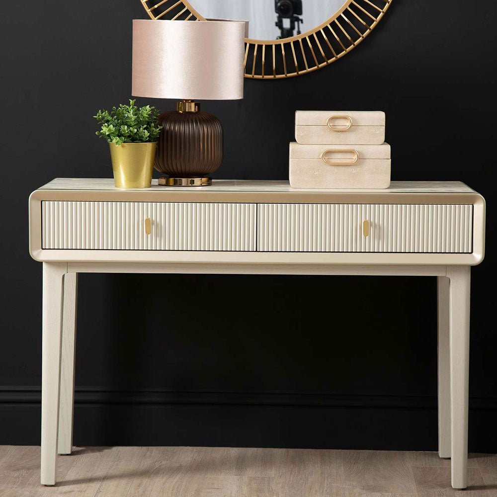 Femelle Cream Elm 2 Drawer Console Dressing Table with Soft Gold Trim Console Table