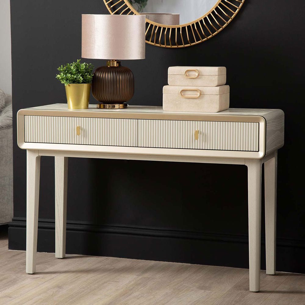 Femelle Cream Elm 2 Drawer Console Dressing Table with Soft Gold Trim Console Table