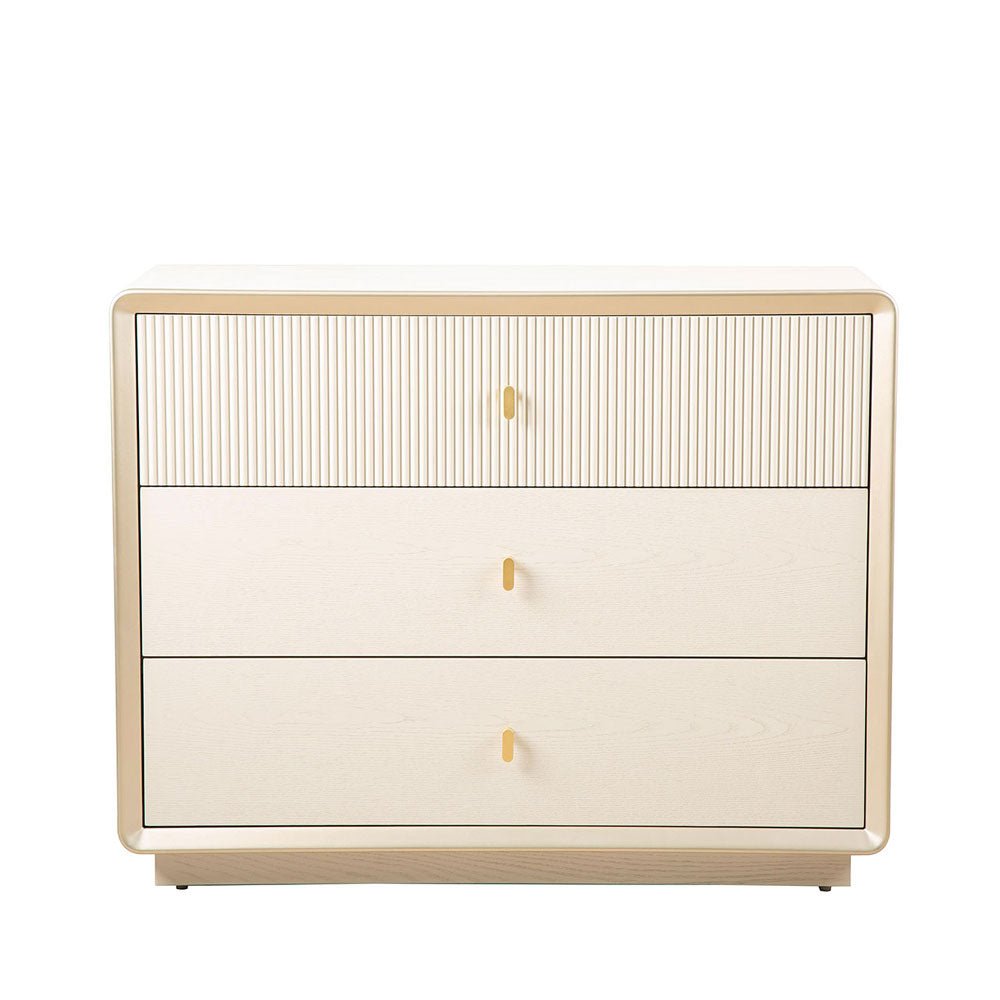 Femelle Cream Elm 3 Drawer Wide Chest with Soft Gold Trim Chest of Drawers