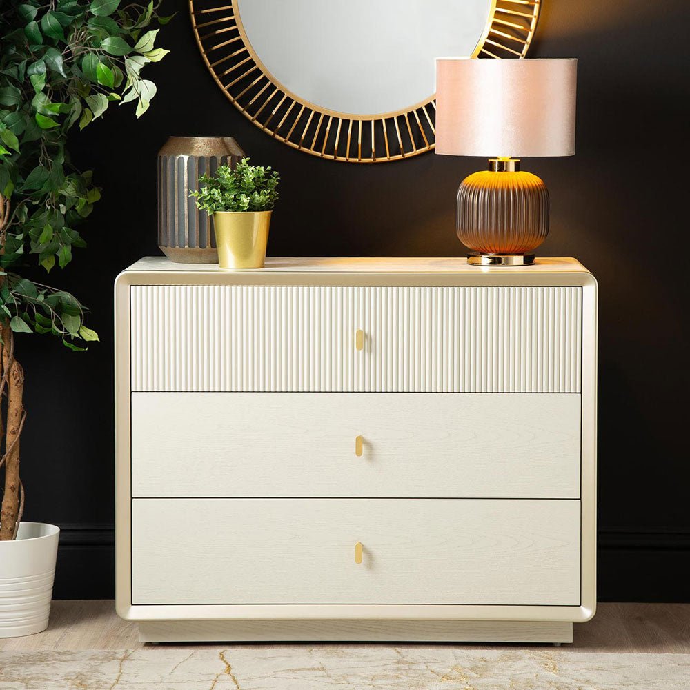 Femelle Cream Elm 3 Drawer Wide Chest with Soft Gold Trim Chest of Drawers