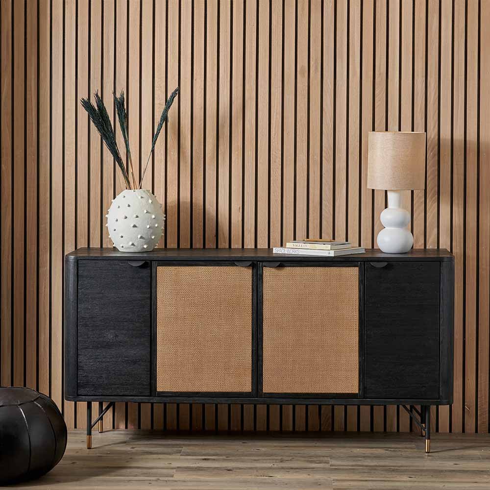 Fiji 4 Door Sideboard in Black Acacia Wood & Natural Rattan Nicholas John Interiors
