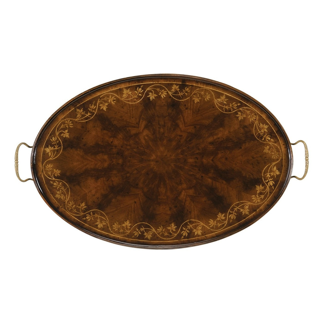 Jonathan Charles Floral Inlay Tray in Mahogany - Oval