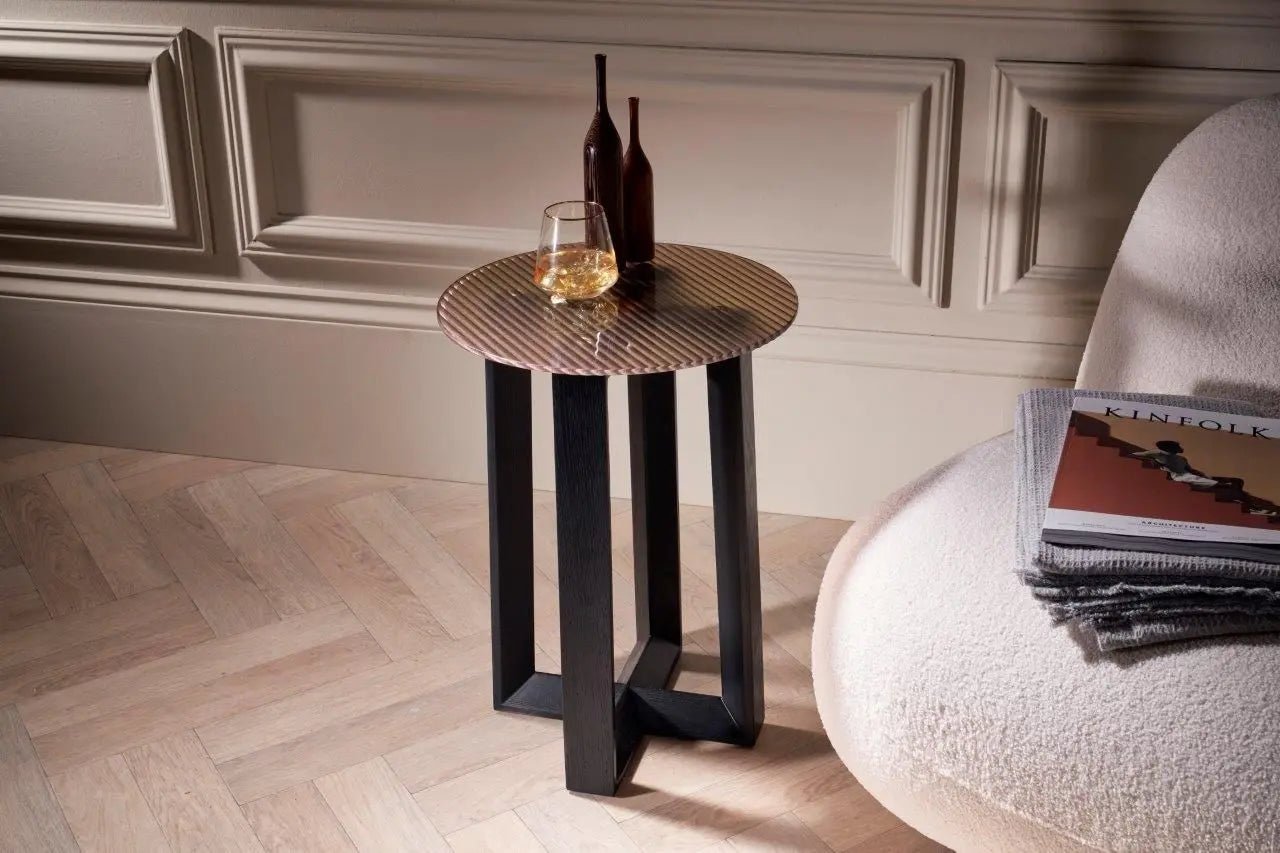 Gillmore Cadiz Amber Fluted Glass Top Round Side Table Nicholas John Interiors