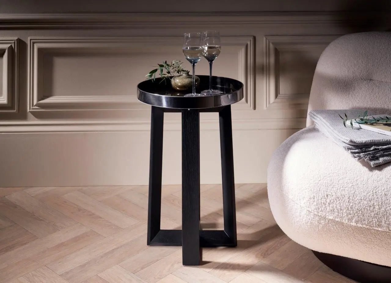 Gillmore Cadiz Dark Chrome Tray Top Round Side Table Nicholas John Interiors