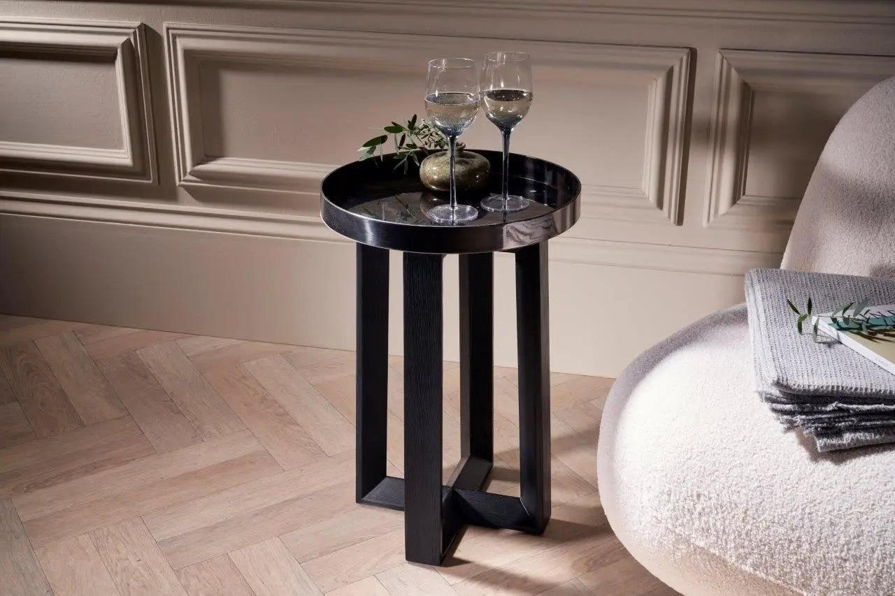 Gillmore Cadiz Dark Chrome Tray Top Round Side Table Nicholas John Interiors