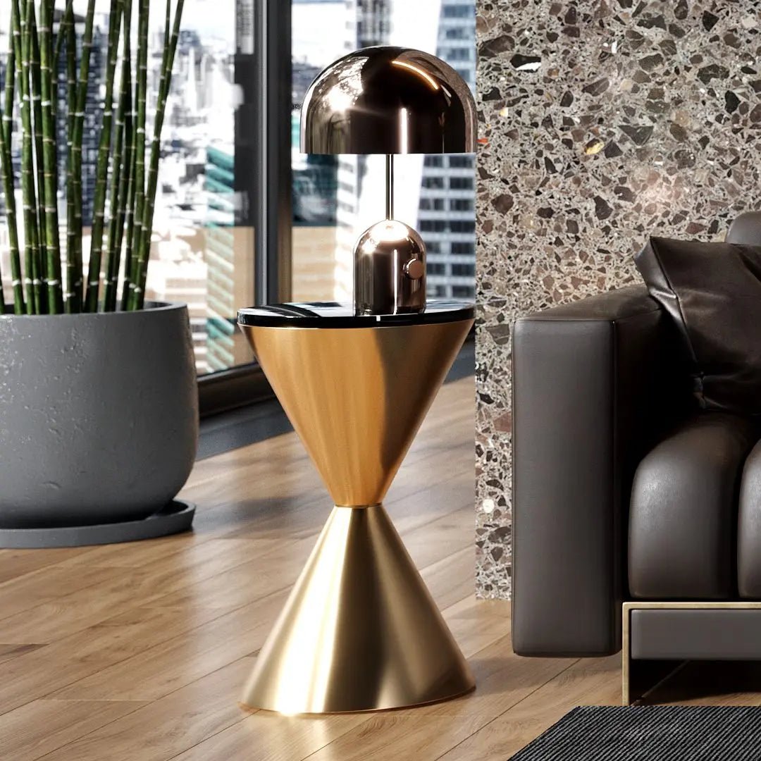 Gillmore Iona Black Glass Round Hourglass Side Table with Brass Base Side Table