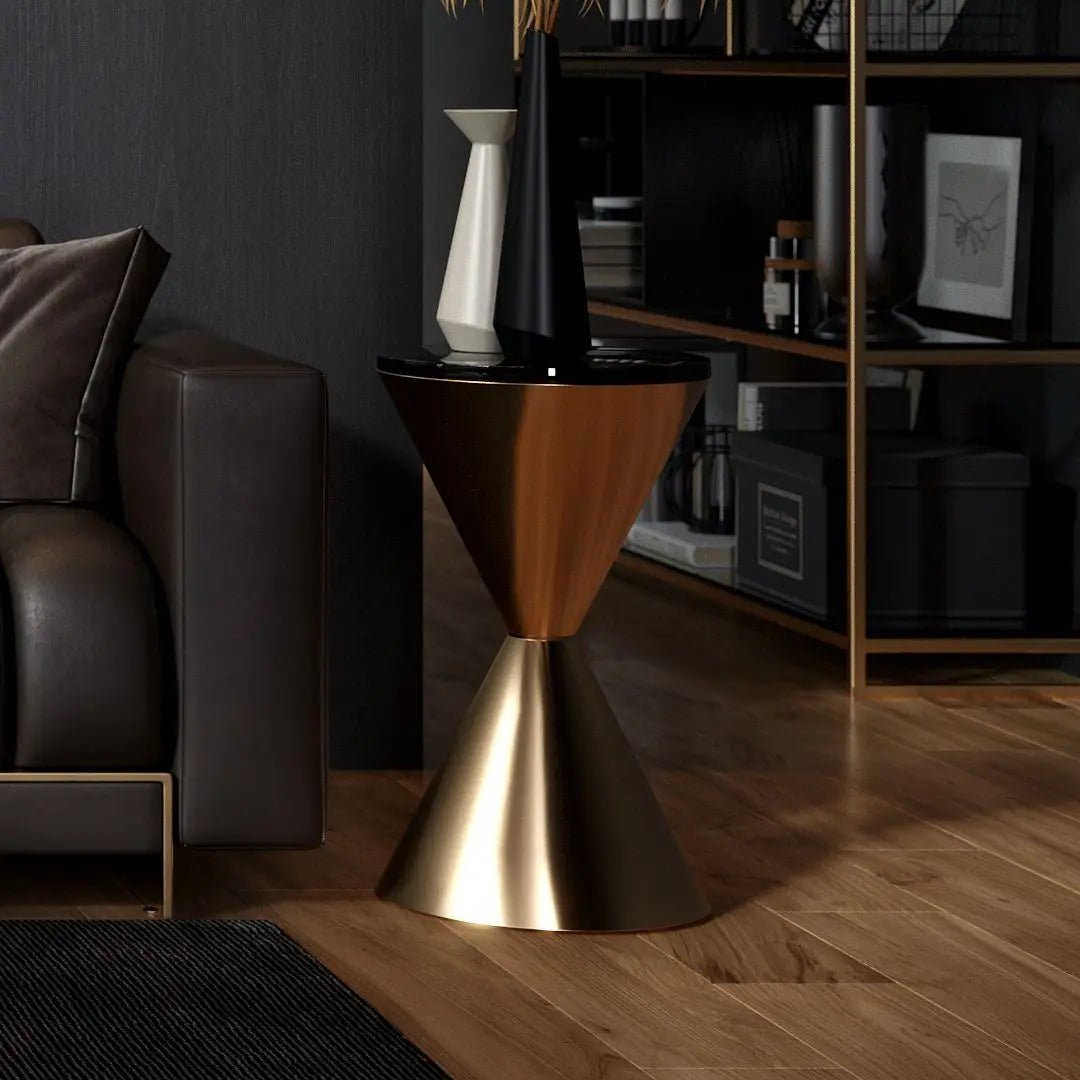 Gillmore Iona Black Glass Round Hourglass Side Table with Brass Base Side Table