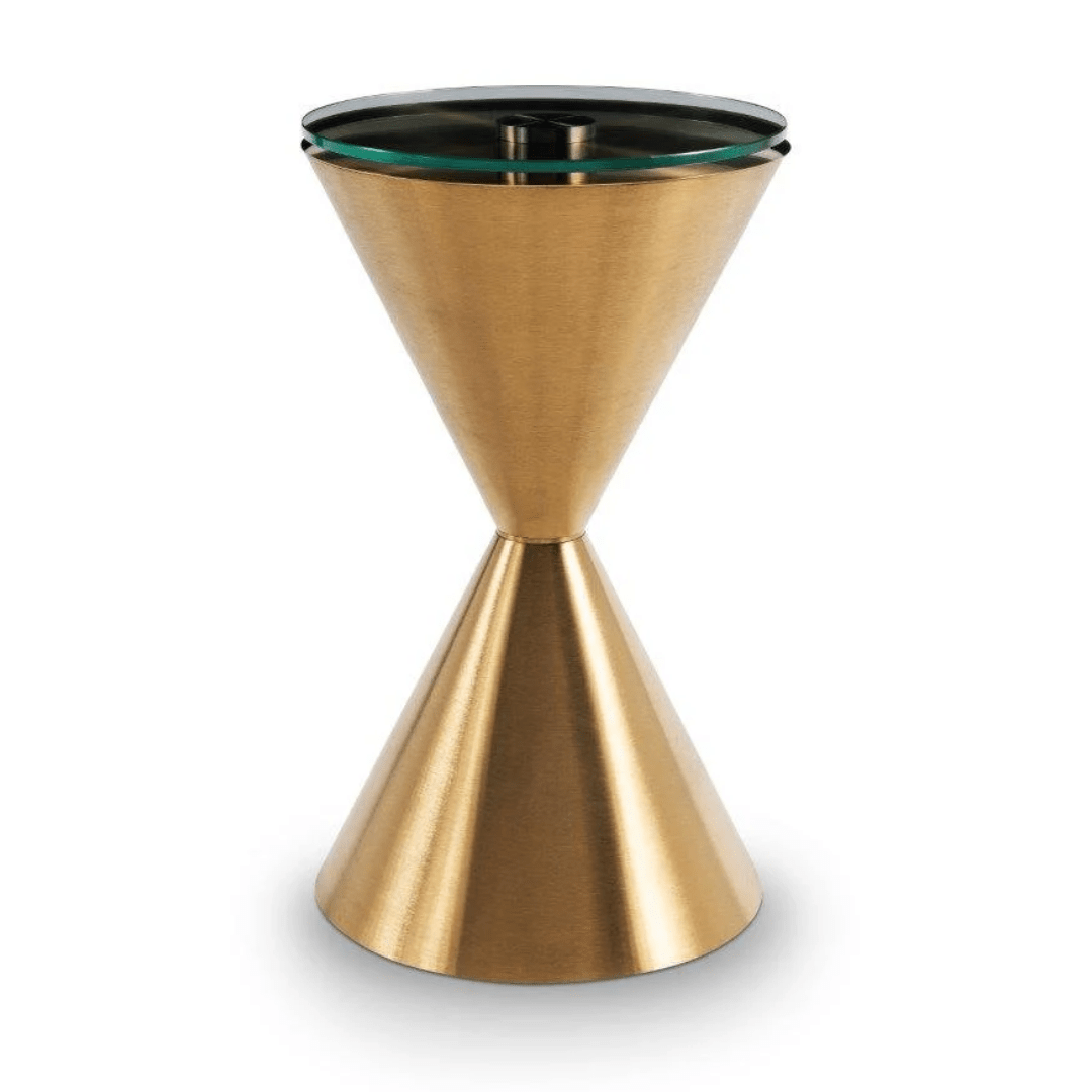 Gillmore Iona Black Glass Round Hourglass Side Table with Brass Base Side Table