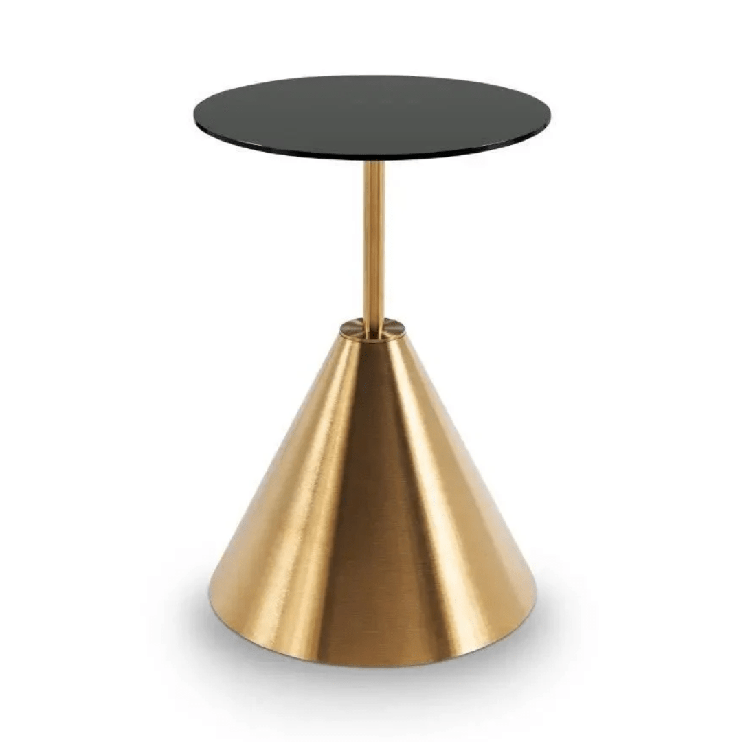 Gillmore Iona Round Black Glass Side Table with Brass Base Nicholas John Interiors