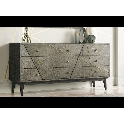 Jonathan Charles Geometric Round Oak & Brass End Table