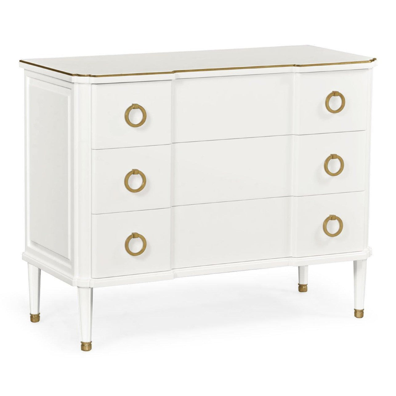 Full view of painted ivory chest of drawers with brass trim and tapered legs