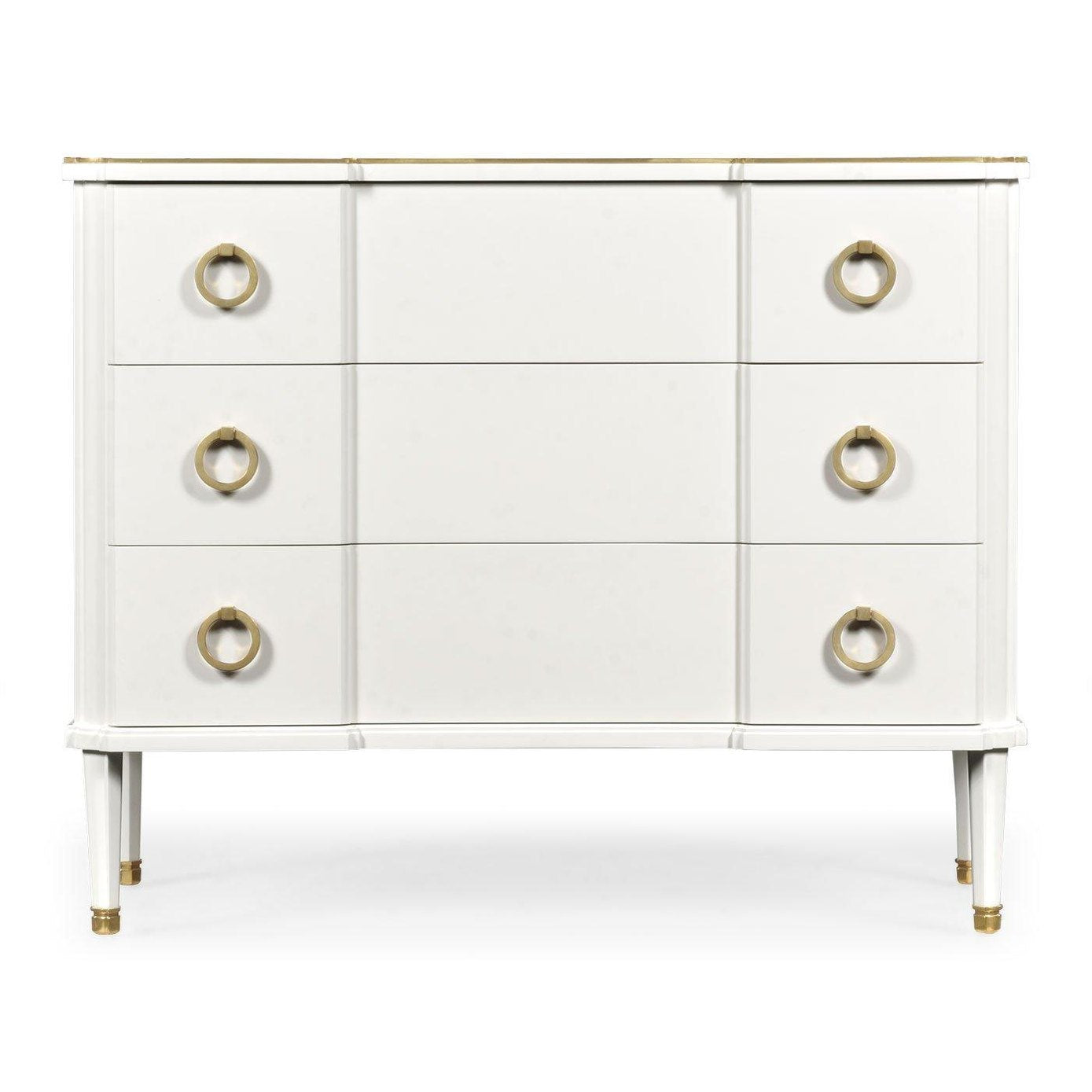 Jonathan Charles three-drawer chest in painted ivory with six brass ring pulls and top trim