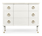 Jonathan Charles three-drawer chest in painted ivory with six brass ring pulls and top trim