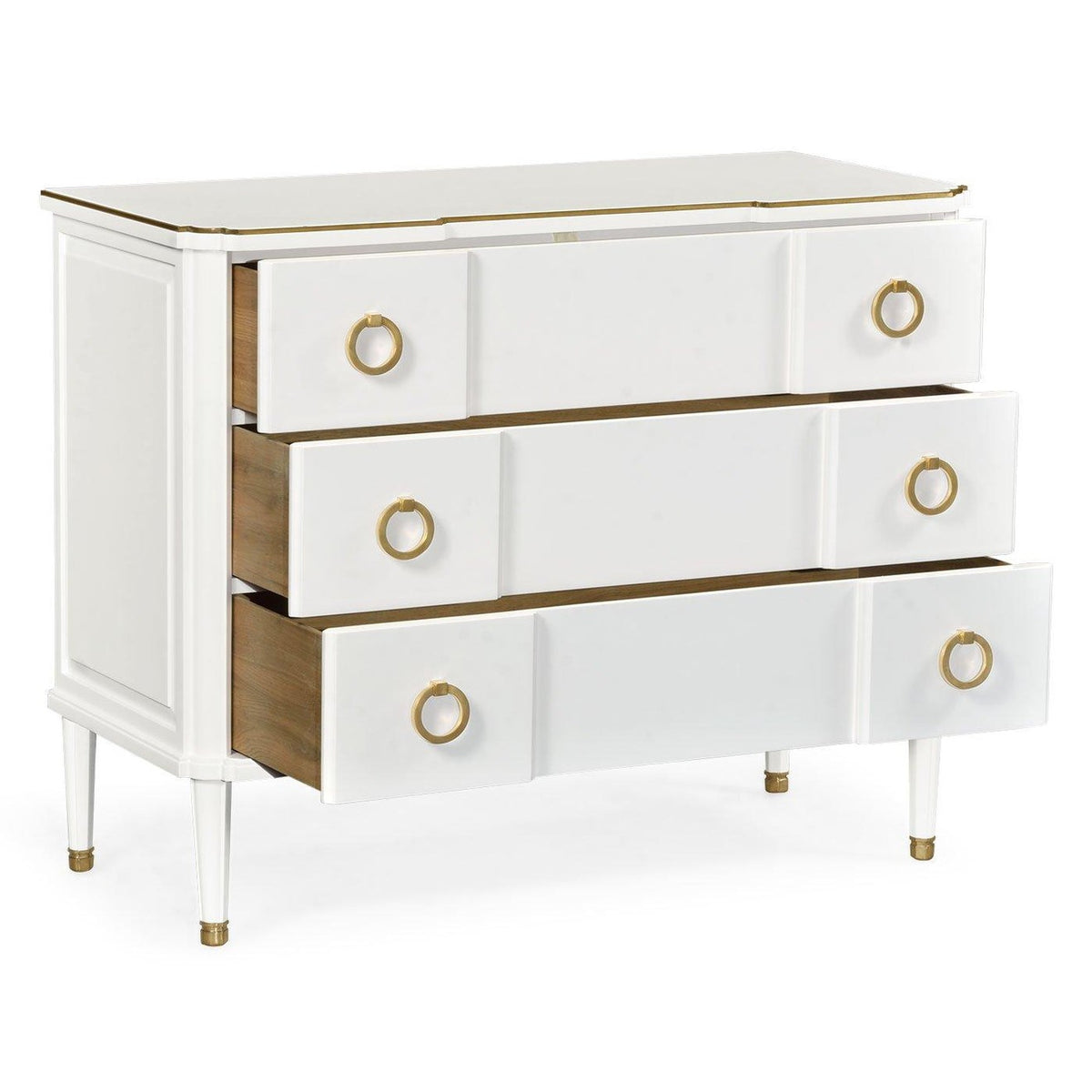 Open ivory chest of drawers showing warm wood interior lining and tapered legs