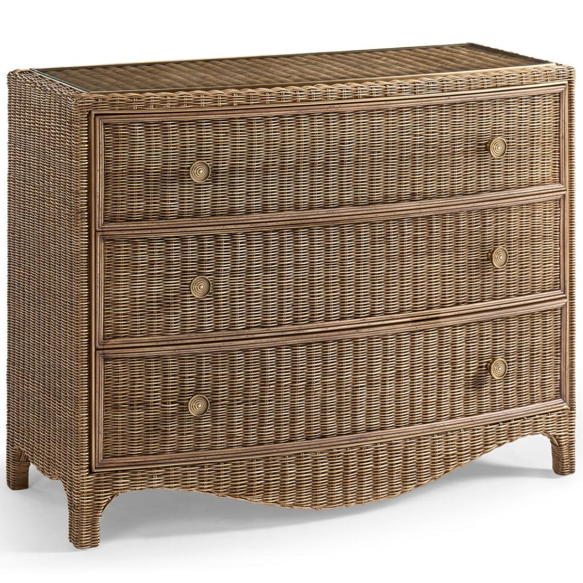 Natural tan-brown woven rattan three-drawer chest featuring dark wood trim and scalloped base edge