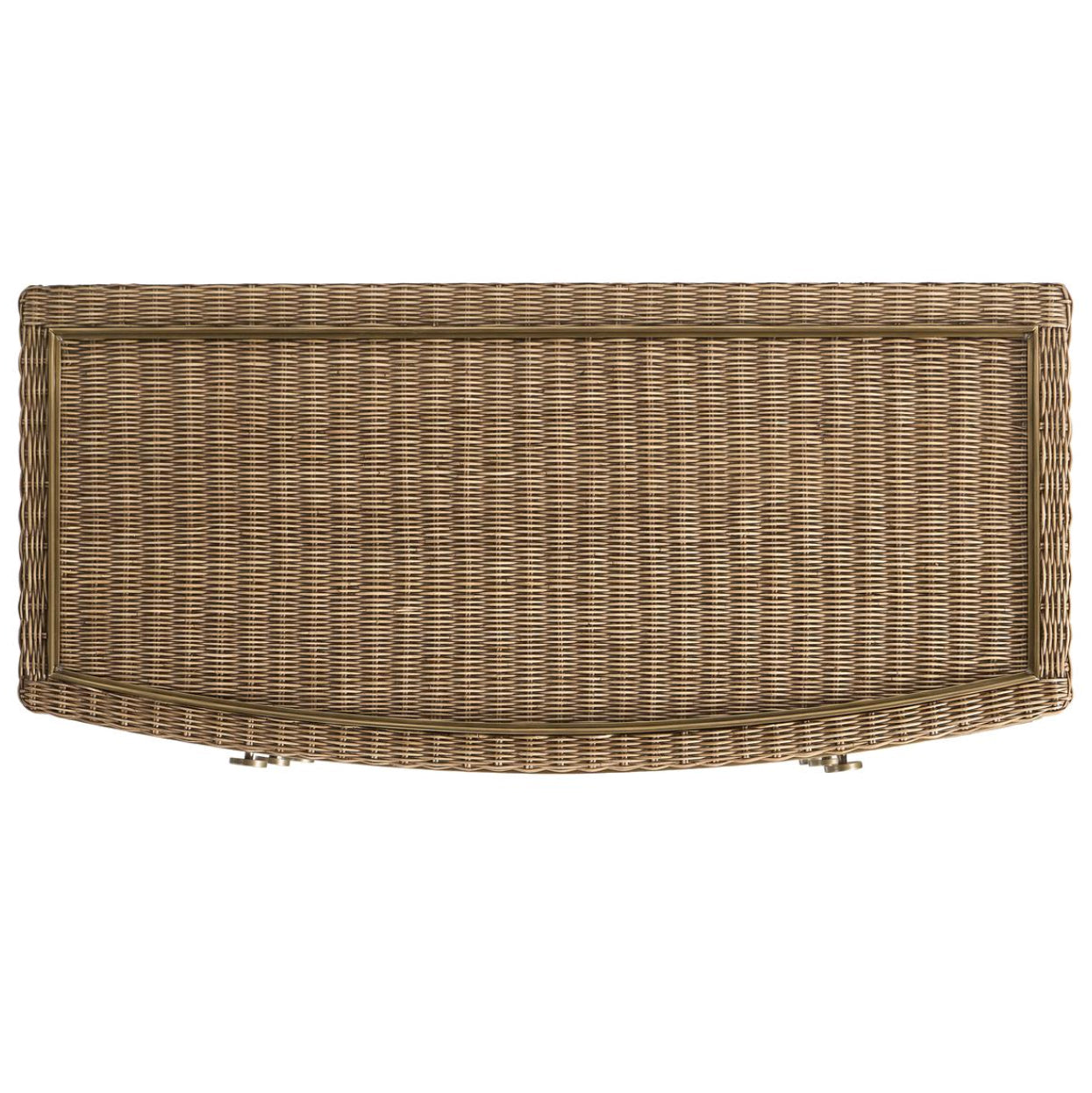 Top view of rectangular rattan chest with gold-toned metallic border frame and dense weave pattern