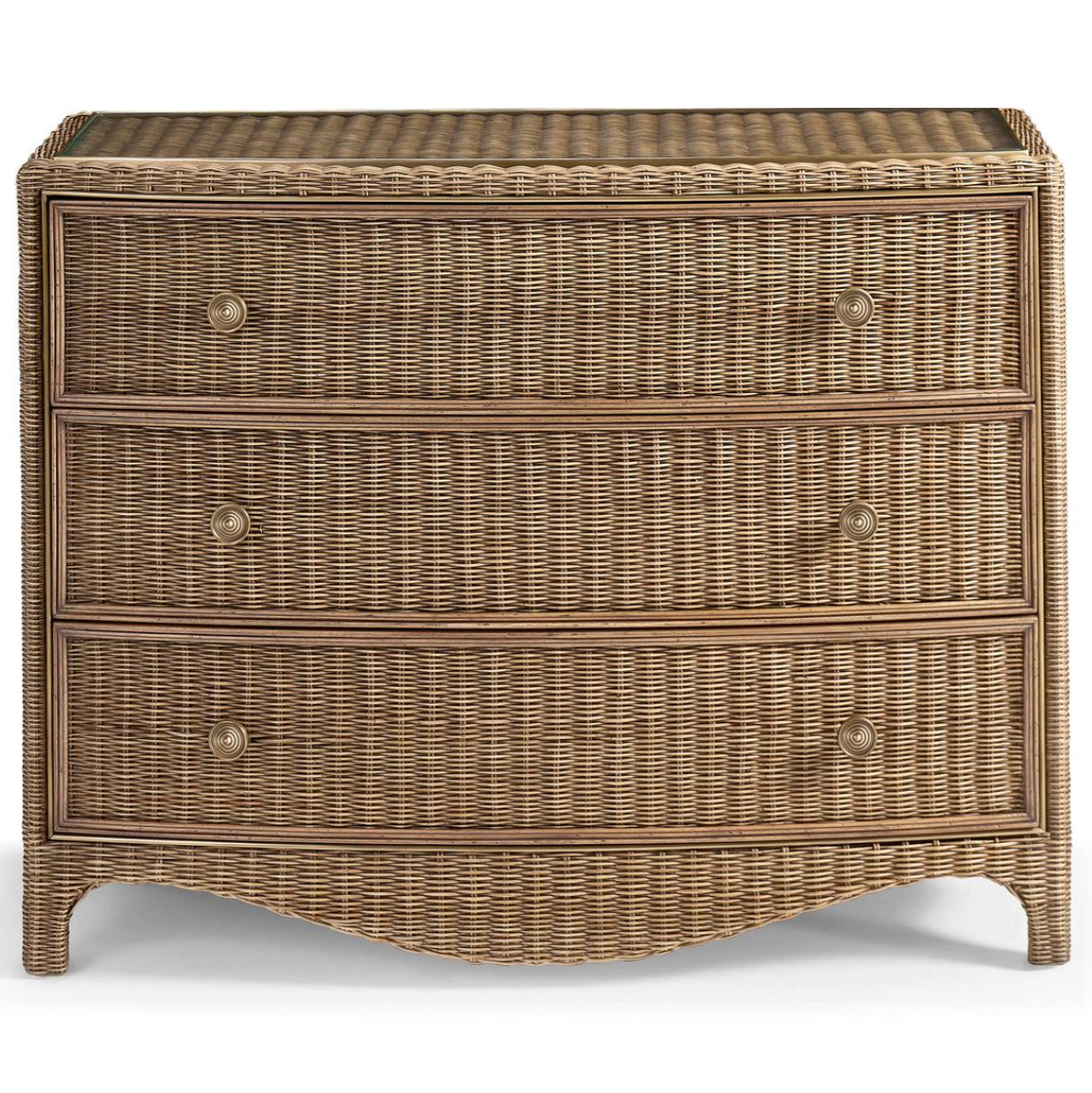 Jonathan Charles Palm Court rattan bow front chest with brass ring pulls and natural woven texture