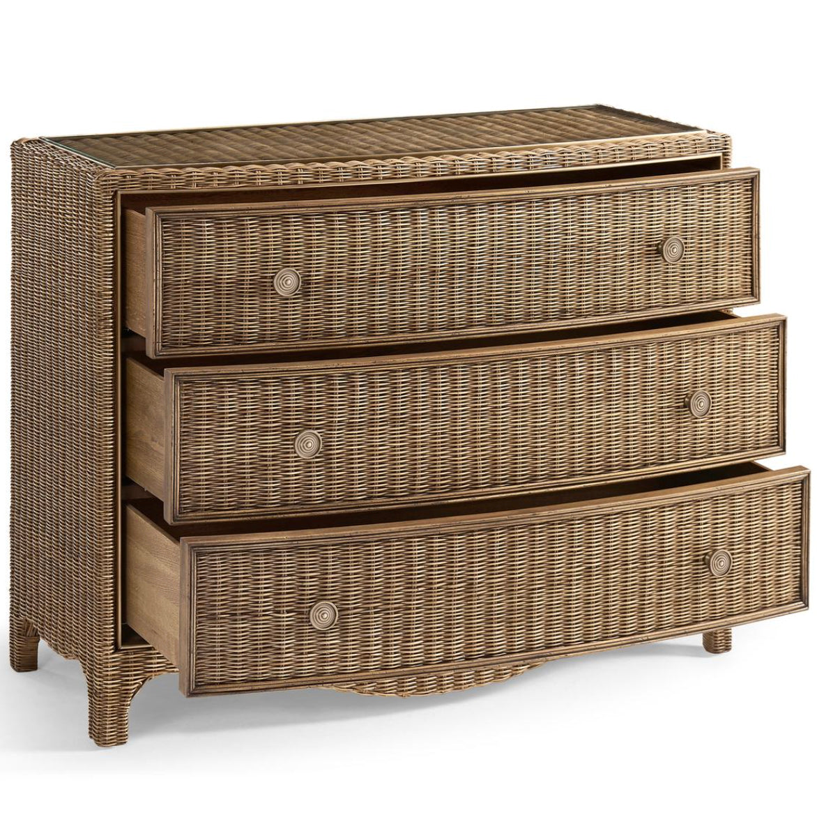 Three-drawer rattan dresser with open drawers showing wooden interior lining and bow-front design