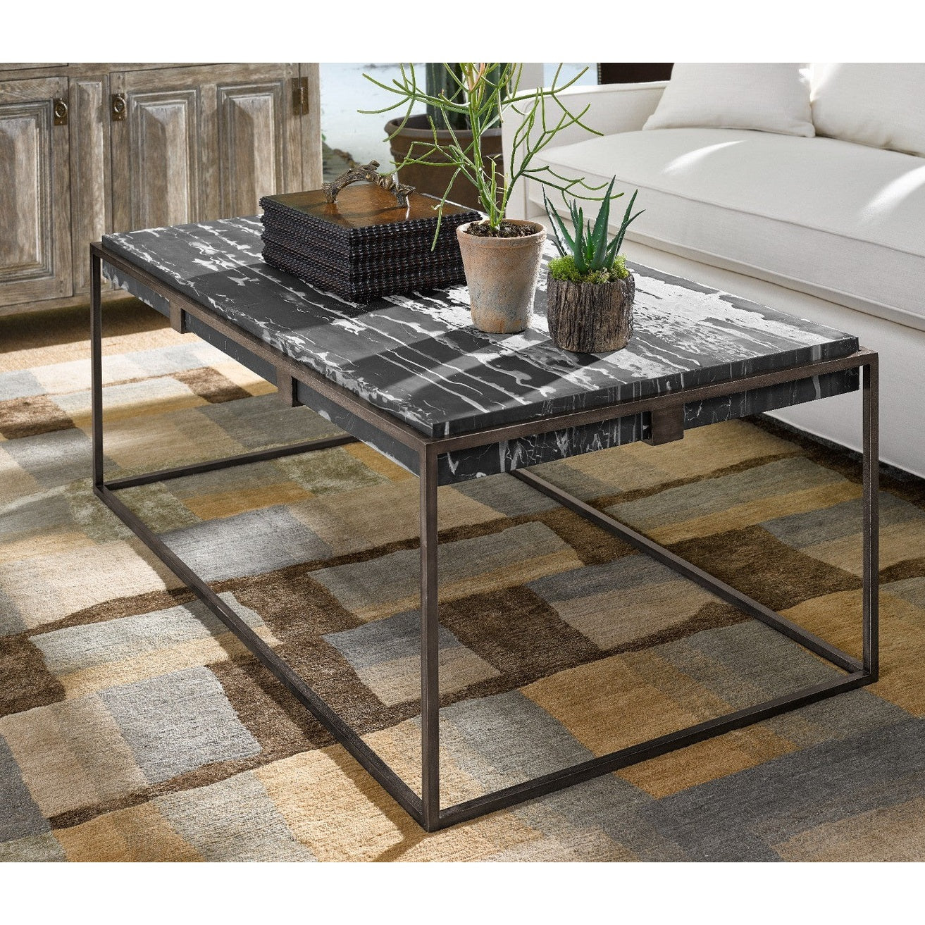 Jonathan Charles Rectangular Iron Coffee Table with a Black Marble Top