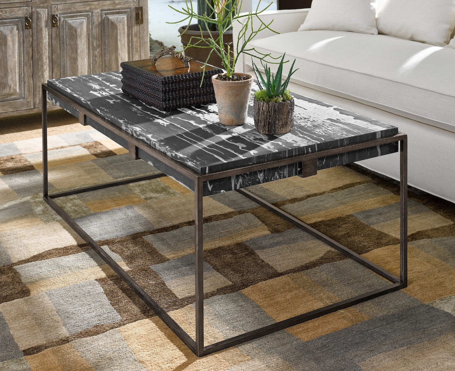 Jonathan Charles Rectangular Iron Coffee Table with a Black Marble Top