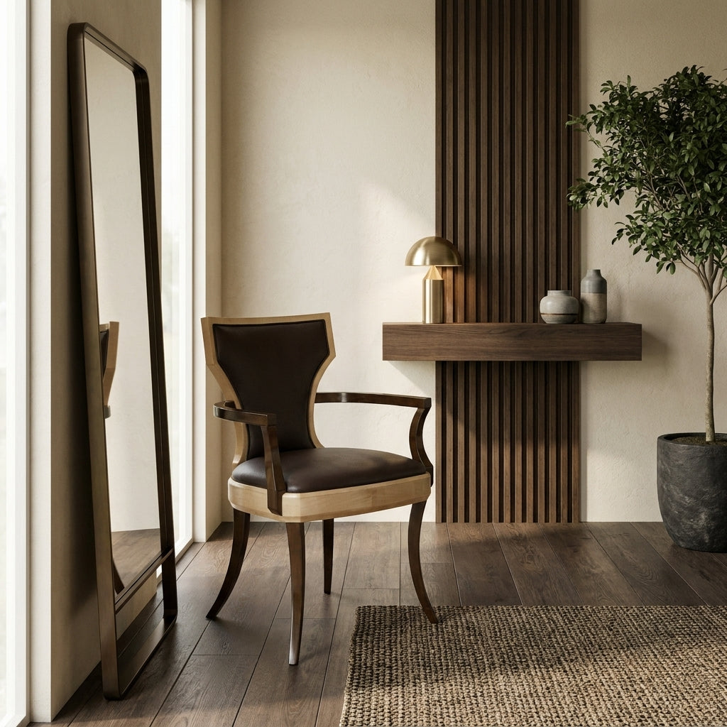 Jonathan Charles Dining Chair with Arms Klismos in Champagne - Chocolate Leather