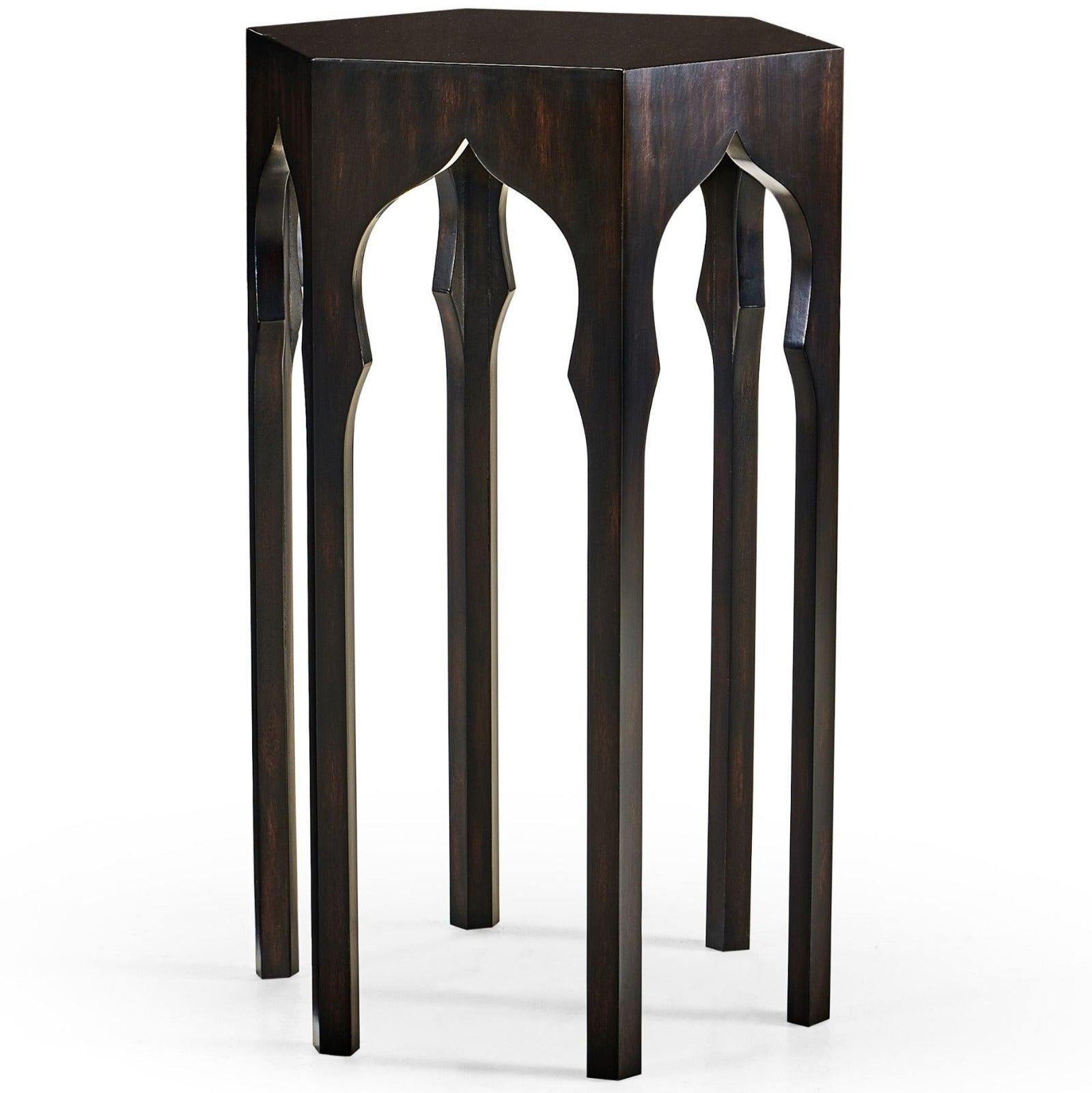 Full shot of solid wood hexagon lamp table in ebony with openwork arch motif legs