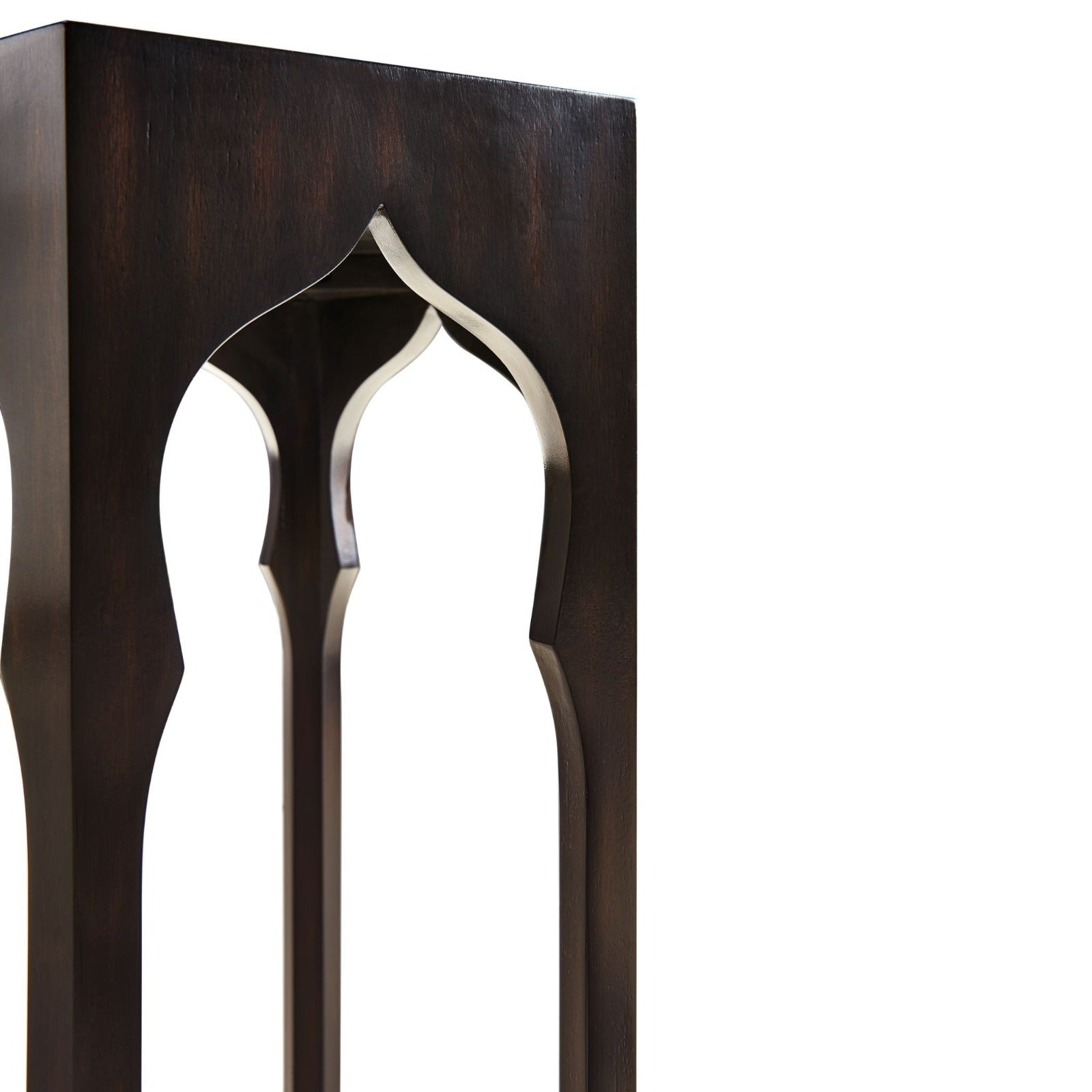 Ebony hexagon lamp table side profile with Moorish arch cutout leg and matte wood grain texture