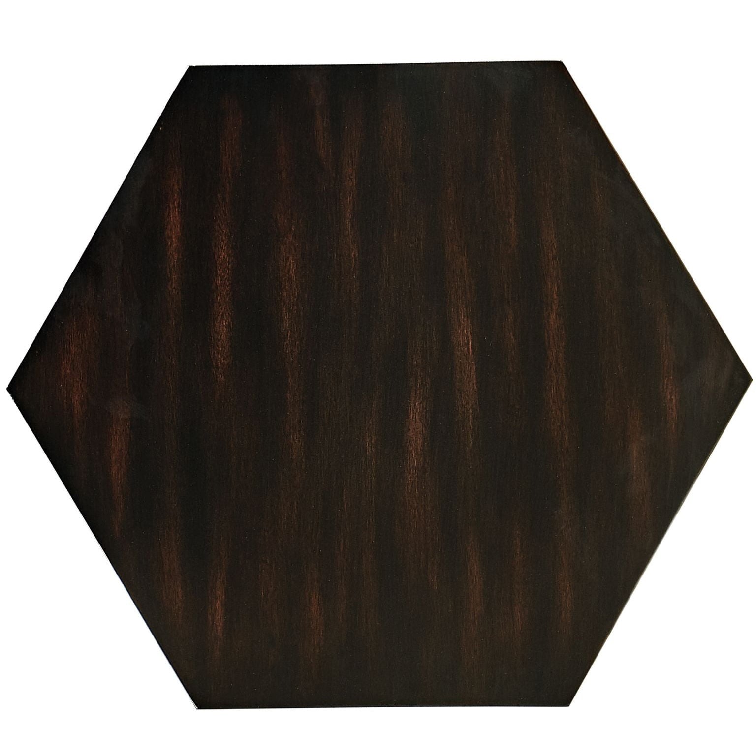 Flat-lay top view of hexagonal ebony lamp table emphasizing uniform stain and linear grain pattern