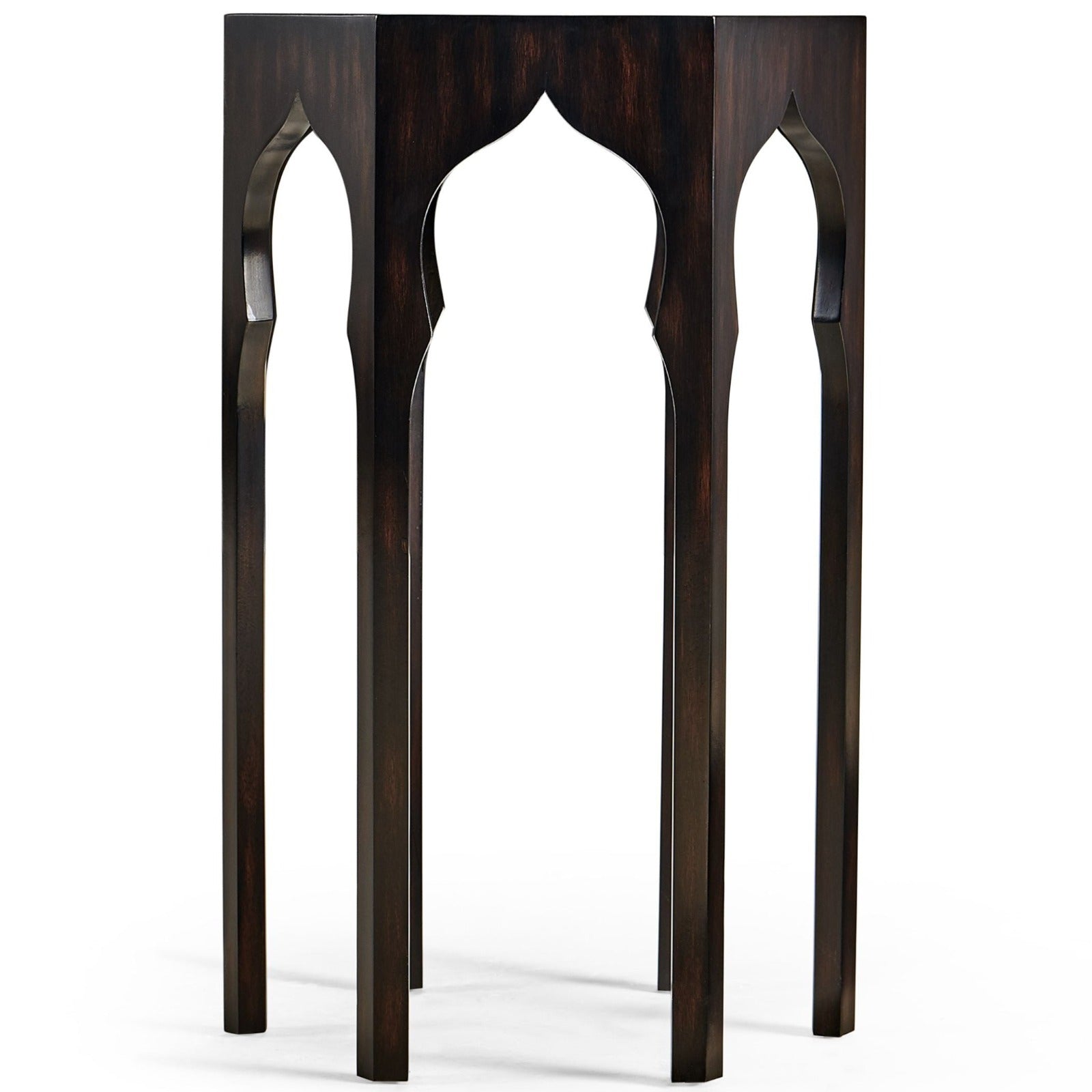 Front view of Jonathan Charles ebony hexagonal lamp table with symmetrical Arabic arch legs