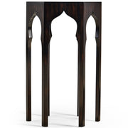 Front view of Jonathan Charles ebony hexagonal lamp table with symmetrical Arabic arch legs