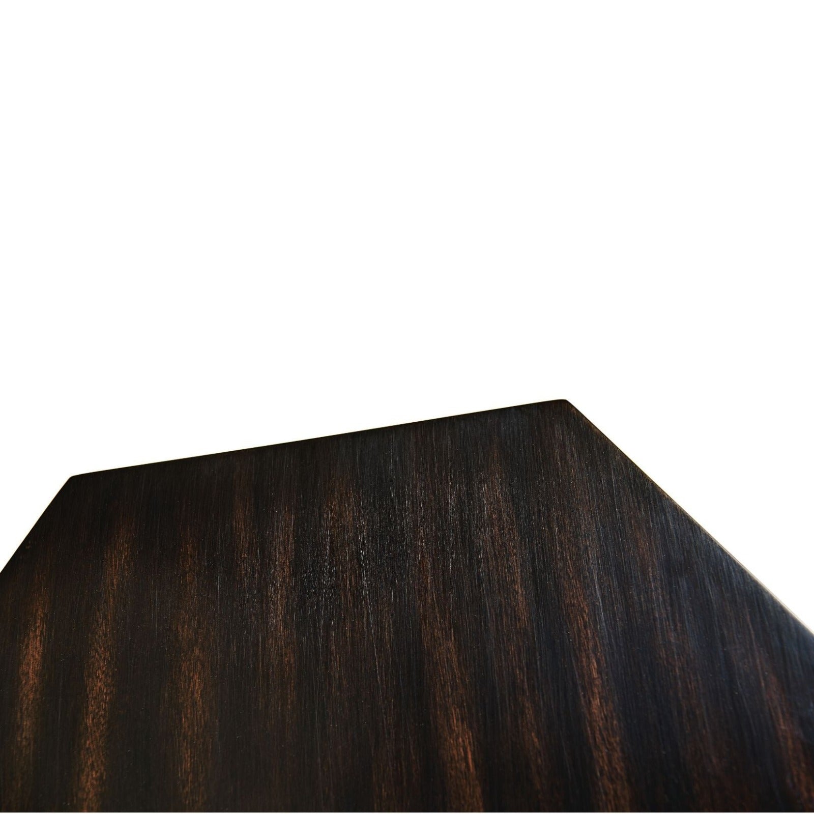 Top-down close-up of dark ebony hexagonal tabletop showing vertical wood grain and sharp edges