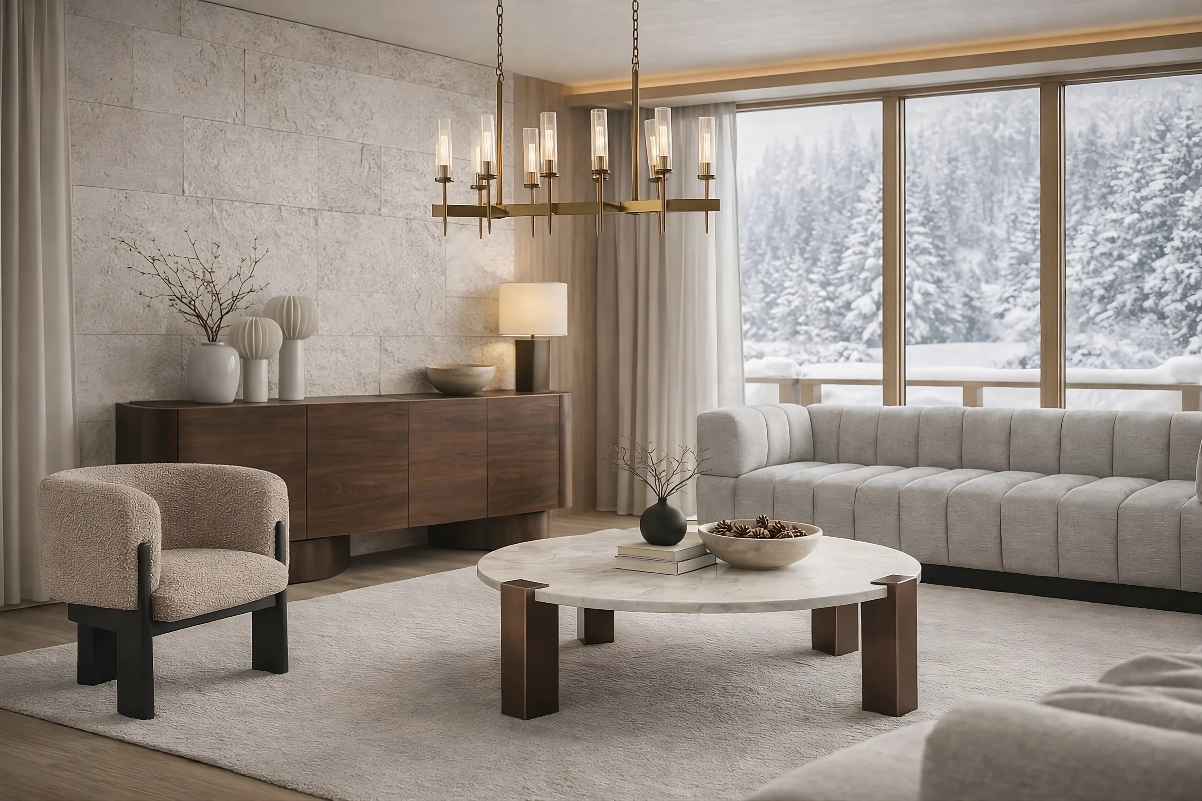 A calm living room lit by the Liang & Eimil Tilda Pendant Lamp