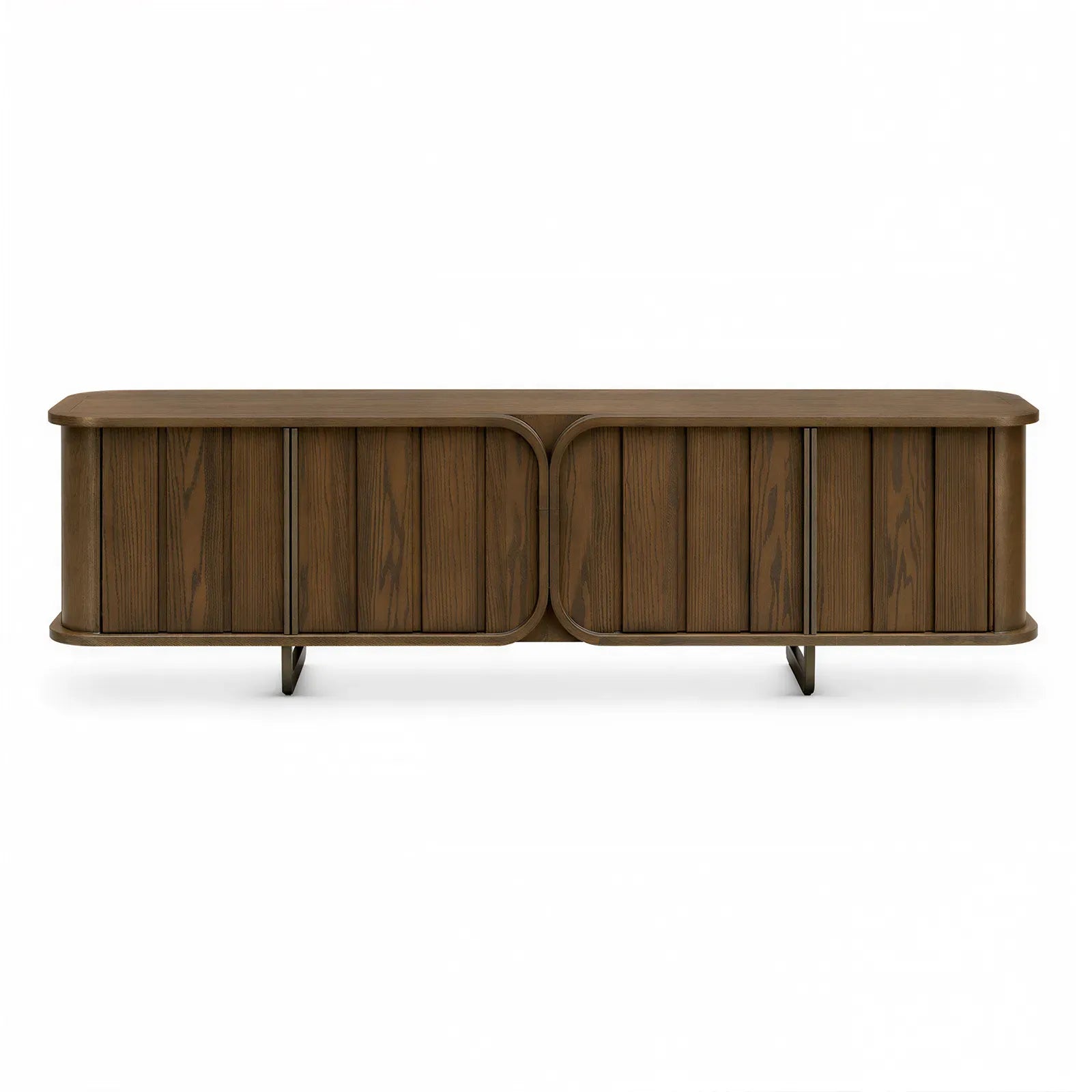 Front view of Berkeley Designs Lisbon Media Unit featuring symmetrical curved cabinets, vertical wood paneling, and S-shaped metal legs