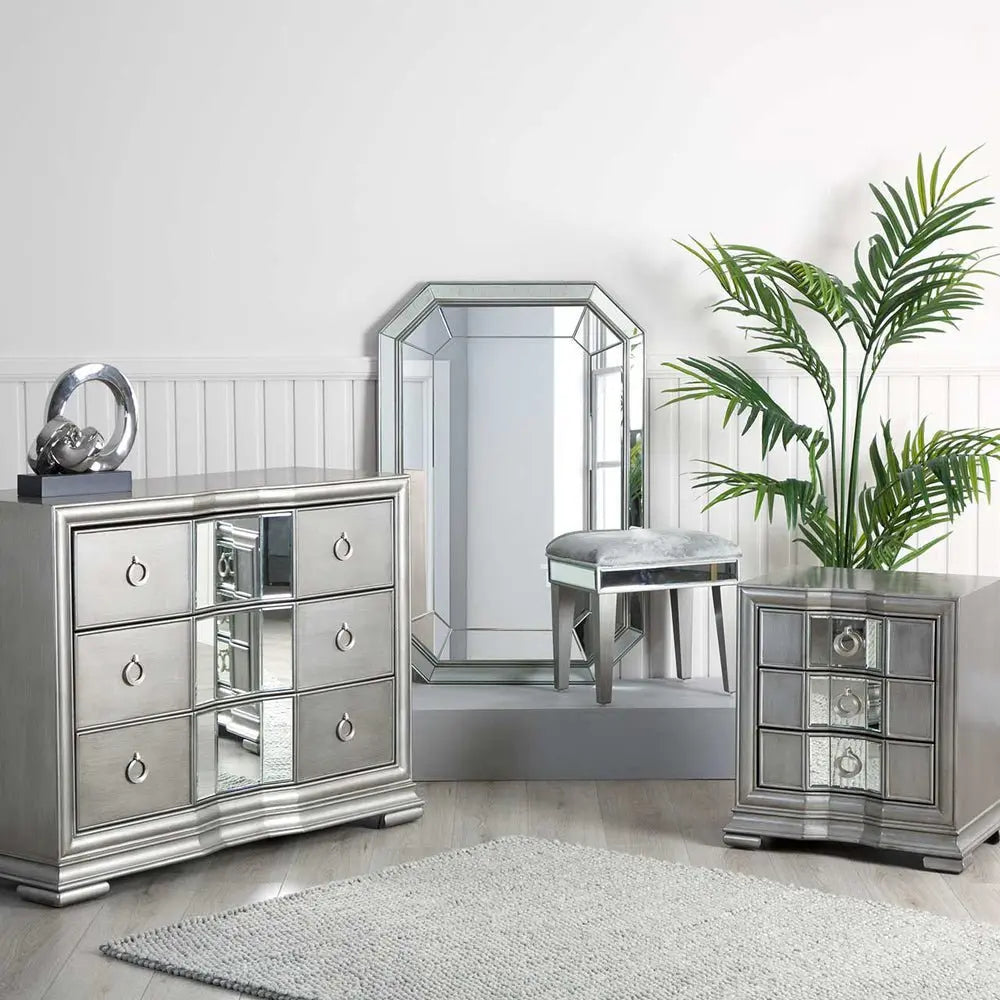 Lucarna Extra Large 120cm wide Bedside Cabinet 3 Drawer Mirrored Chest - Grey Chest of Drawers