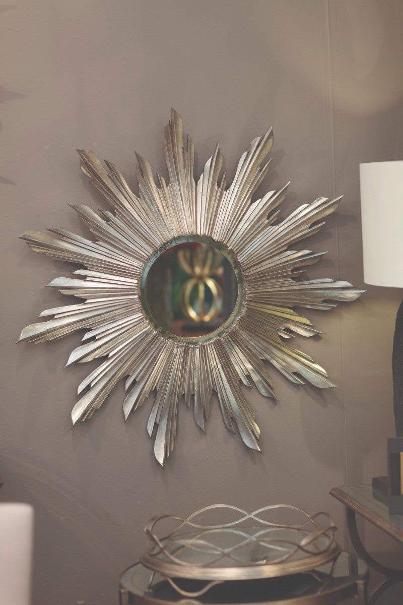 Jonathan Charles Small Antique Silver Wall Mirror Sunburst